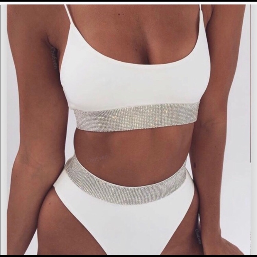 White high waisted bikini with silver sparkles